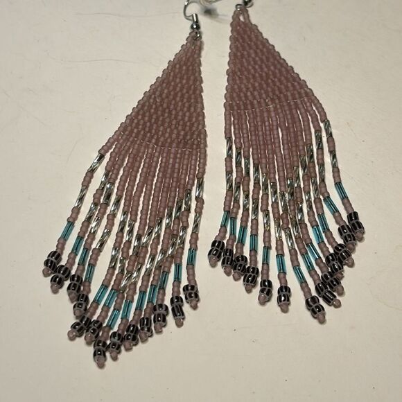Triangular shaped dusty rose and teal beaded fringe drop statement earrings - Picture 5 of 6
